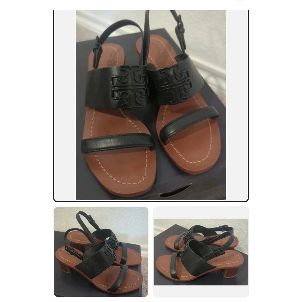 Tory Burch Sandals Womens 7M Black Ines Block Heel Leather Tonal Logo 5930A